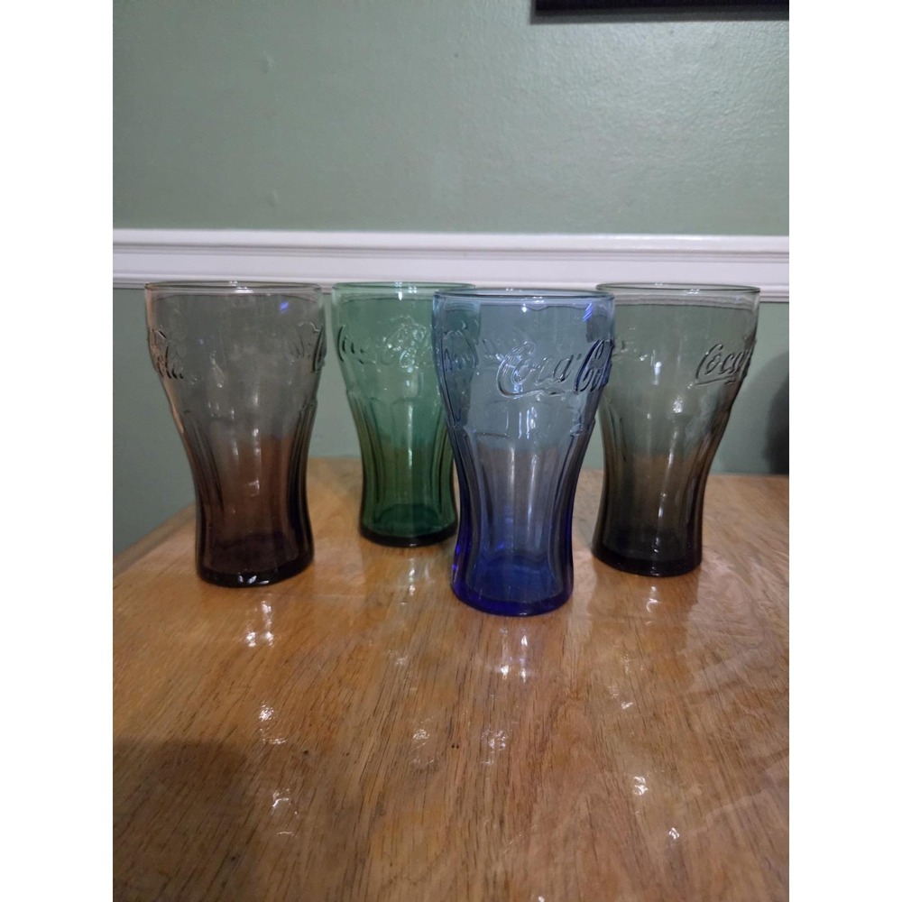 4 Vintage Libbey Coca-Cola Embossed Smoke Blue Green Plum Glasses